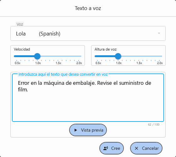 Pantalla Text to Speech. Seleccione una voz, ajuste la velocidad y el tono, y genere voz a partir del texto ingresado.
