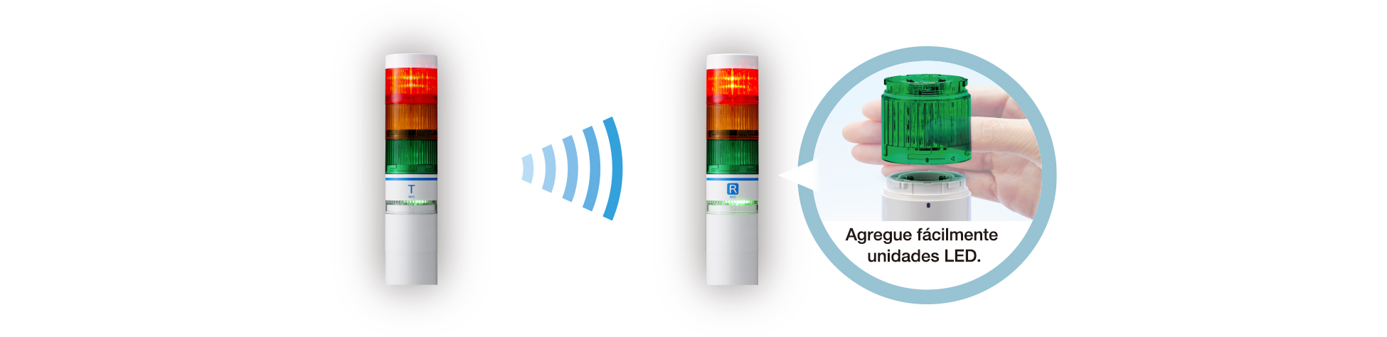 Transmisor (T) y receptor (R) enlazados por radio; una mano coloca una unidad LED verde sobre la torre: agregue fácilmente unidades LED